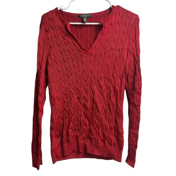 Lauren Ralph Lauren Cable Knit Sweater Medium Dark Red V-Neck - Picture 1 of 6